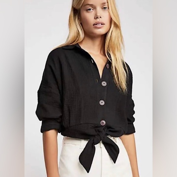 Free People Black Button Up Top - Picture 1 of 4